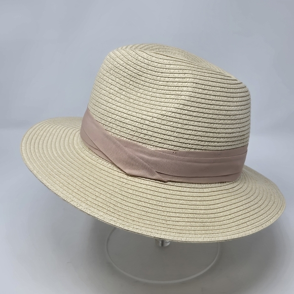 H&M NATURAL PAPER STRAW CREAM FEDORA DUSTY ROSE PINK RIBBON BAND WOMEN LARGE 58 - Picture 1 of 12